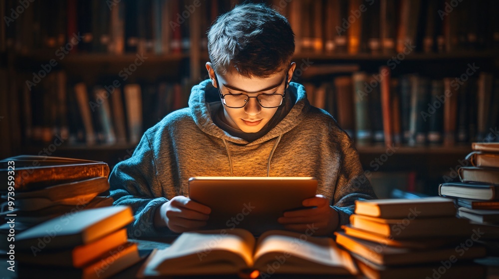 Poster Young student sitting at a desk using a tablet for an online lesson Bright lighting highlights a comfortable learning environment with the student actively engaging with the virtual class interface