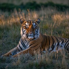 Obraz premium Majestic Bengal Tiger: A regal Bengal tiger, bathed in the golden light of the setting sun, stares intently at the camera, its powerful presence.