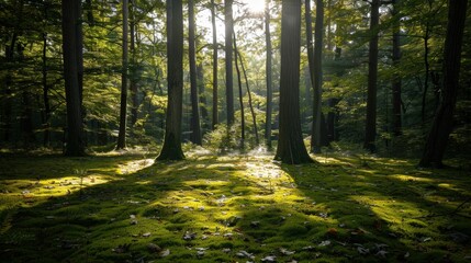Obraz premium Sunlight Dappled Forest Floor: A tranquil scene of a lush, green forest with sunlight filtering through the trees, casting dappled shadows on the mossy ground. The image evokes a sense of peace.