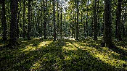 Obraz premium Sun Dappled Forest: A serene and enchanting woodland scene with sunlight filtering through the verdant canopy, casting long shadows on a bed of moss. The tranquil atmosphere evokes a sense of peace an