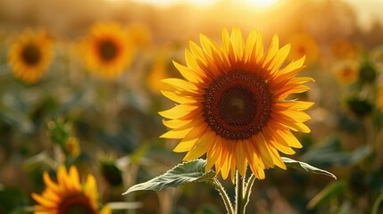 Golden Hour Sunflower Glory: A radiant sunflower basks in the warm glow of sunset, its petals ablaze with golden light in a picturesque field. 