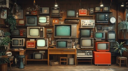 Vintage television collection displayed in a cozy wooden room.