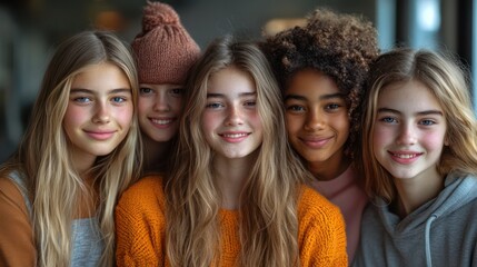 Fototapeta premium A group of young teens posing confidently and smiling in a studio, showing their bright, playful personalities against a simple background.