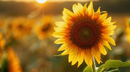 Fototapeta premium Golden Sunflower at Sunset: A single sunflower blooms radiantly in a field at sunset, its golden petals catching the warm light of the setting sun. The image evokes feelings of warmth, happiness.