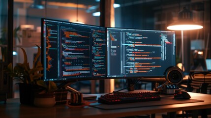 Cyberpunk Programmer's Den: A dimly lit workspace with two large monitors displays complex code, reflecting the dedication and focus of a programmer in a cyberpunk world.  The image evokes an atmosphe