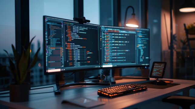 Code Illuminated: A panoramic view of a programmer's desk at night, illuminated by the glow of a dual-monitor setup displaying intricate lines of code.