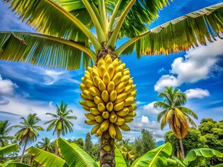 Fototapeta premium A solitary banana palm tree stands tall amidst lush green foliage, its vibrant yellow fruit cluster hanging from