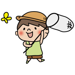 虫取り網で蝶を追いかける子供（男の子）
