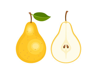 Yellow pear whole and slice isolated on white background. Vector cartoon flat illustration. Fresh fruit icon set. 