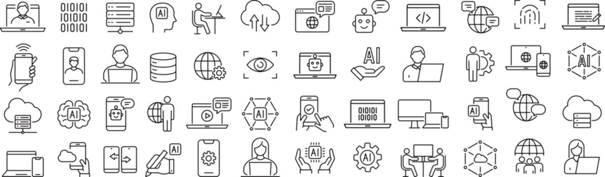 ベクターでモノクロのテクノロジーの線画アイコンセット