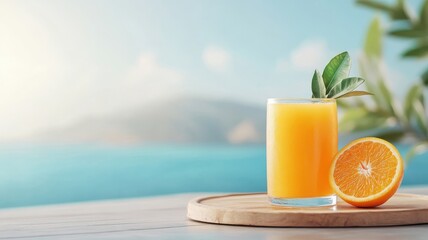 Fresh orange juiced into a glass, set by the sea for a serene scene.