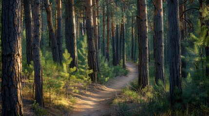 Fototapeta premium Golden Hour Trail Through the Pines 