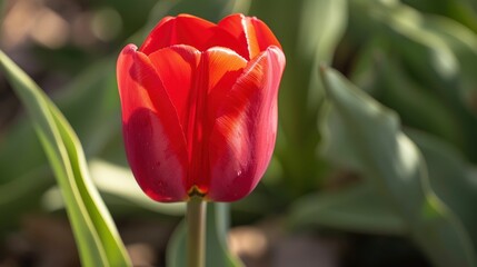 Naklejka premium Red Tulip in Bloom: A vibrant red tulip blooms in the sun, capturing the beauty and fragility of nature's artistry. The soft petals are illuminated by the warm light.
