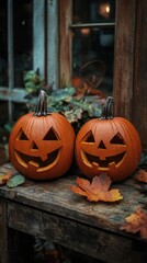 Two Smiling Jack-o'-Lanterns on a Rustic Wooden Table with Autumn Leaves for a Festive Halloween Display