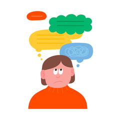 A woman character with a thoughtful expression and colorful speech bubbles