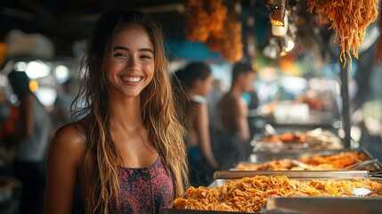 A diverse group of friends in Thailand savoring spicy pad thai noodles at a food stall, laughing and taking a break from exploring the local markets.