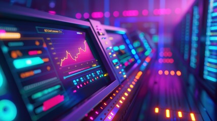 Obraz premium Neon Pulse of the Market: A vibrant 3D render captures the electric energy of a futuristic trading floor, with glowing screens displaying dynamic charts and data visualizations. 