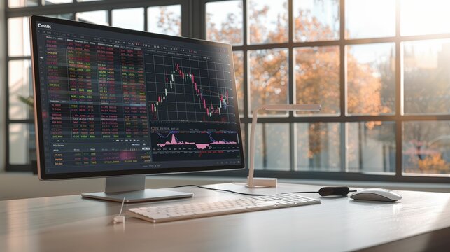 Market Trends in the Morning Light: A sleek workspace with a computer monitor displaying stock market data, bathed in the warm glow of sunrise, hinting at new opportunities.