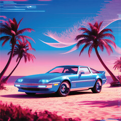 Retro wave background illustration in 80’s sci-fi style, car on a beach, 3d render, vector, illustration