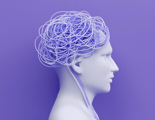 Obraz premium 3D white head with a tangled mess of purple and white string protruding from it, 3D illustration