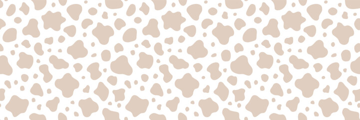 Cow skin vector seamless pattern. Neutral beige color animal skin texture background. Milk farm, dairy illustration for food, cosmetic package. Neutral creamy spot wallpaper. Abstract doodle girl bg