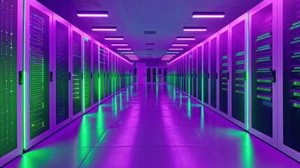Fototapeta premium Neon Server Room: A futuristic and captivating view of a server room illuminated with vibrant neon lights, showcasing rows of towering servers.