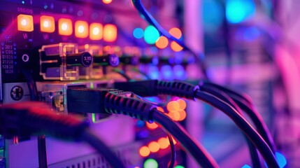 Server Room Interconnectivity: A close-up, abstract view of cables and connectors in a brightly lit server room, highlighting the intricate network infrastructure powering modern technology.