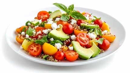 Fresh and Colorful Vibrant Quinoa Salad with Avocado, Cherry Tomatoes, and Feta Cheese on White Background for Healthy Eating Concept