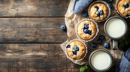 Above view with copyspace of freshly made blueberry muffins in a rustic environment with milk and coffee on the table