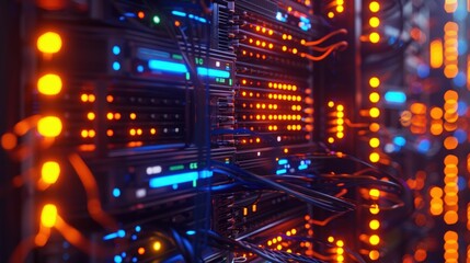 Obraz premium Data Center Power: A close-up of a server rack, showcasing the intricate network of cables and glowing lights, symbolizing the constant flow of information and the heart of modern technology. 