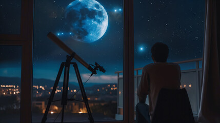 Astronomer with a telescope watching at the stars and moon from window or balcony