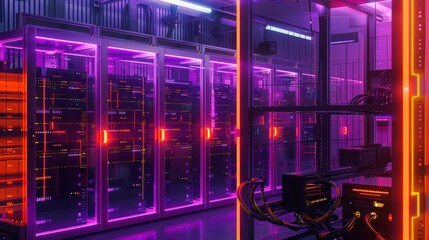 Obraz premium Neon Data Center Powerhouse: Rows of servers pulse with vibrant lights, powering the digital age in a futuristic technological hub. 
