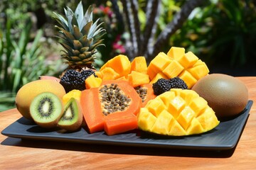 Tropical Fruit Platter with Pineapple, Papaya, Mango, Kiwi, and Blackberries