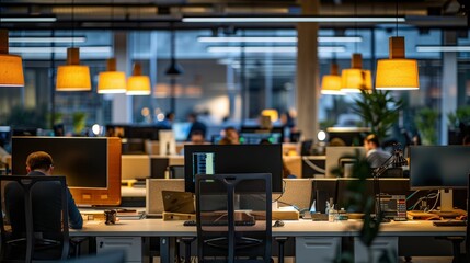 Modern Open Office Space: A bustling, vibrant environment with contemporary design, featuring sleek workstations, bright lighting, and blurred figures working diligently. The image evokes productivity