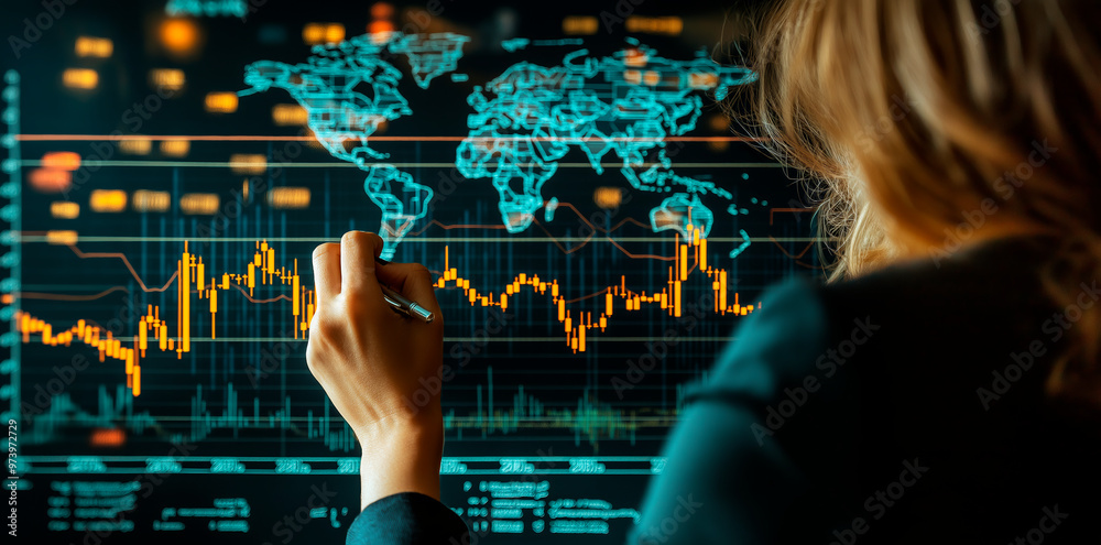 Poster Businessperson Analyzing Financial Data on Screen with World Map in Background.