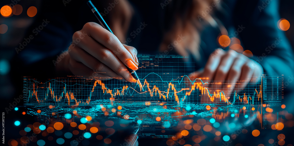 Aufkleber Hand analyzing forex trading graph data on digital screen with blurred bokeh background. Ai generative.