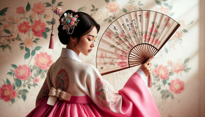 Beautiful young woman posing gracefully in traditional Korean hanbok decorated with delicate embroidery