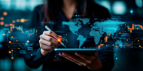 Person using a stylus to interact with a digital tablet displaying global data and analytics on a futuristic interface.