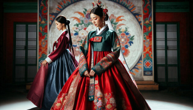 two Beautiful women posing gracefully in traditional Korean hanbok decorated with delicate embroidery