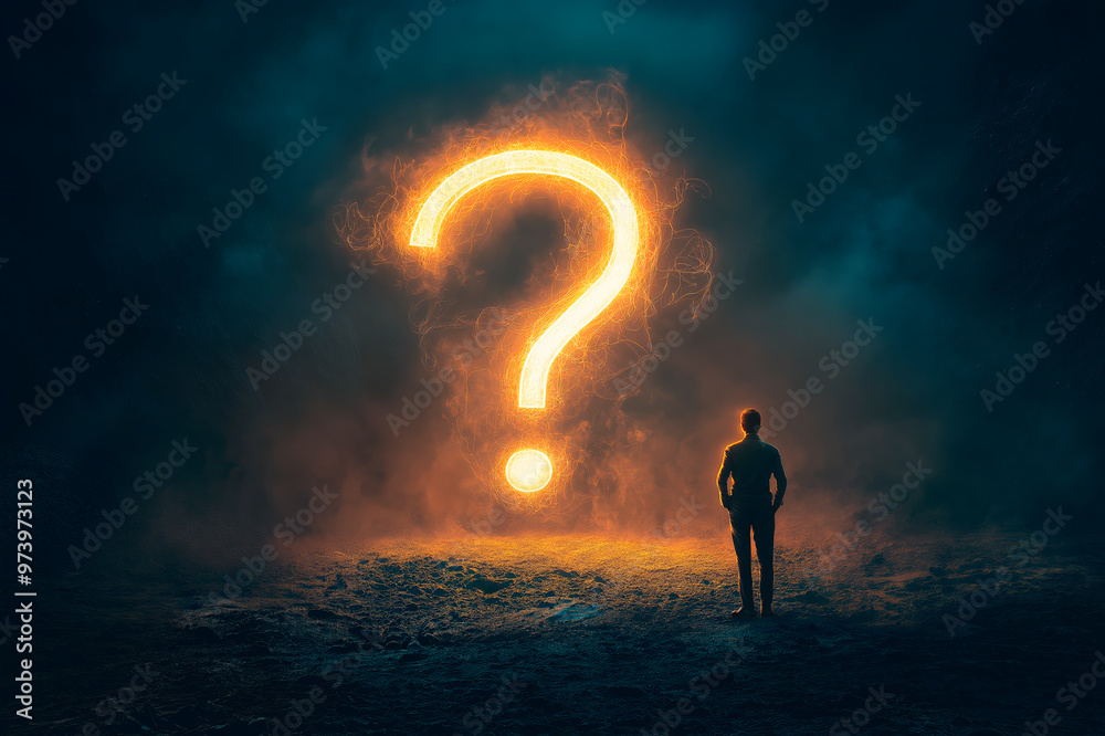 Poster person standing in front of a glowing question mark in a dark, foggy environment.