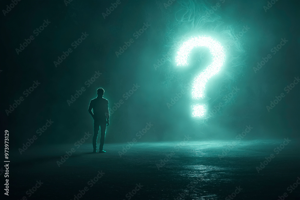 Poster silhouette of a person standing in front of a glowing question mark in a dark room.