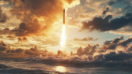 A breathtaking rocket launch against a stunning sunset sky, symbolizing innovation and exploration over the ocean waves.