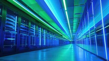 Obraz premium Data Center Corridor: A futuristic hallway lined with gleaming server racks, bathed in vibrant blue and green lights. The image evokes a sense of technology, innovation, and the endless possibilities.