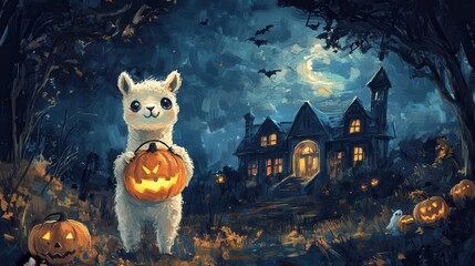 A whimsical llama holding a pumpkin stands in front of a haunted house, creating a charming Halloween scene.