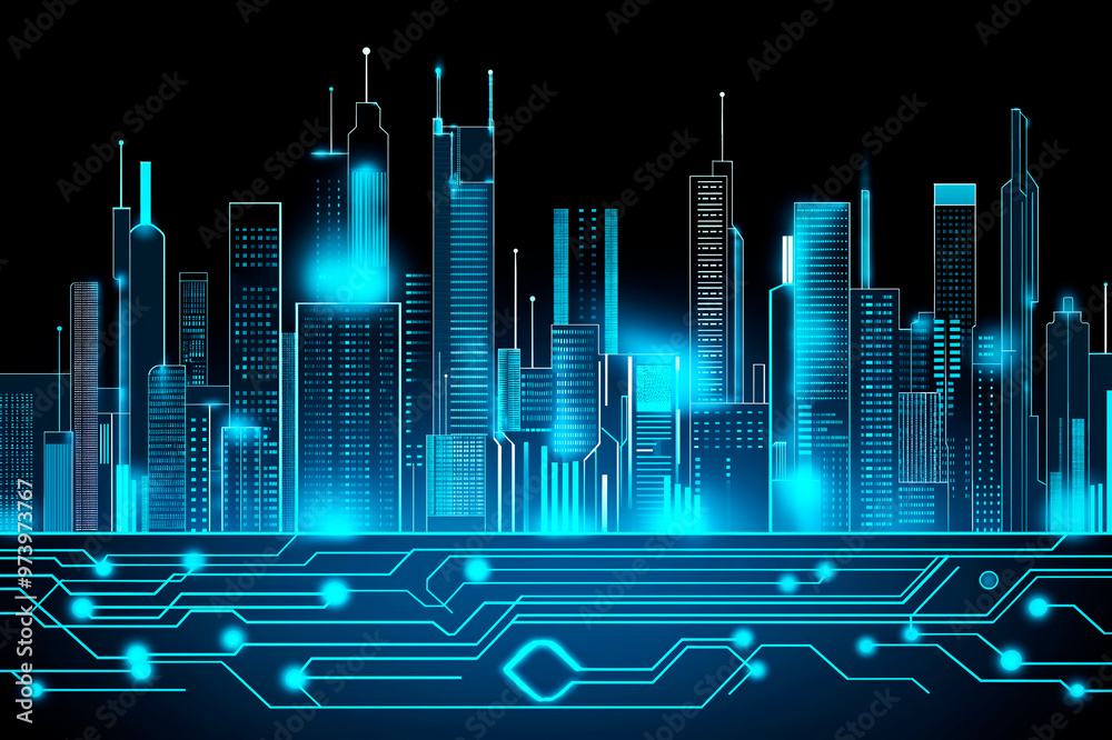 Poster futuristic cityscape with neon blue lights and digital circuit overlay on dark background. ai genera