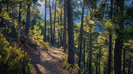 Sun-Dappled Forest Path: A tranquil forest path winds its way through a majestic stand of towering pines, bathed in the warm glow of the setting sun, evoking a sense of peace and tranquility. 