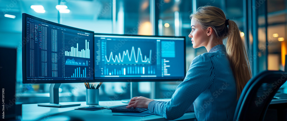 Poster woman working on computer with data analytics on screens in modern office.