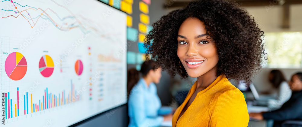Poster professional woman smiling in front of data presentation screen.
