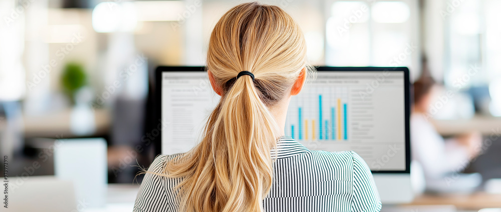 Poster woman with ponytail working on computer in modern office environment.