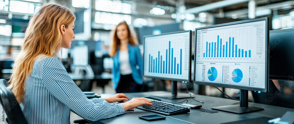 Poster businesswoman analyzing data on computer screens in a modern office environment.